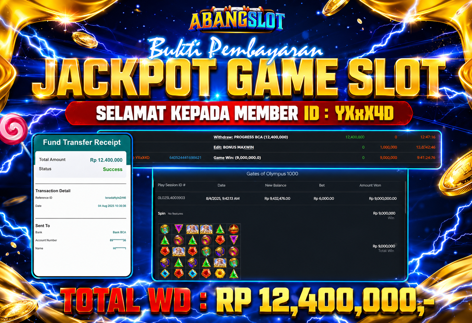 ABANGSLOT - JACKPOT SEBESAR RP. 12,400,000,- DI GAME GATES OF OLYMPUS 1000